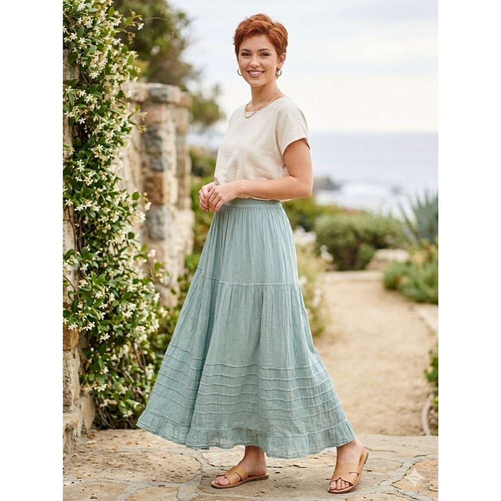 Boho Tiered Maxi Skirt Seafoam Green Lightweight Coastal Long Skirt Sz Small